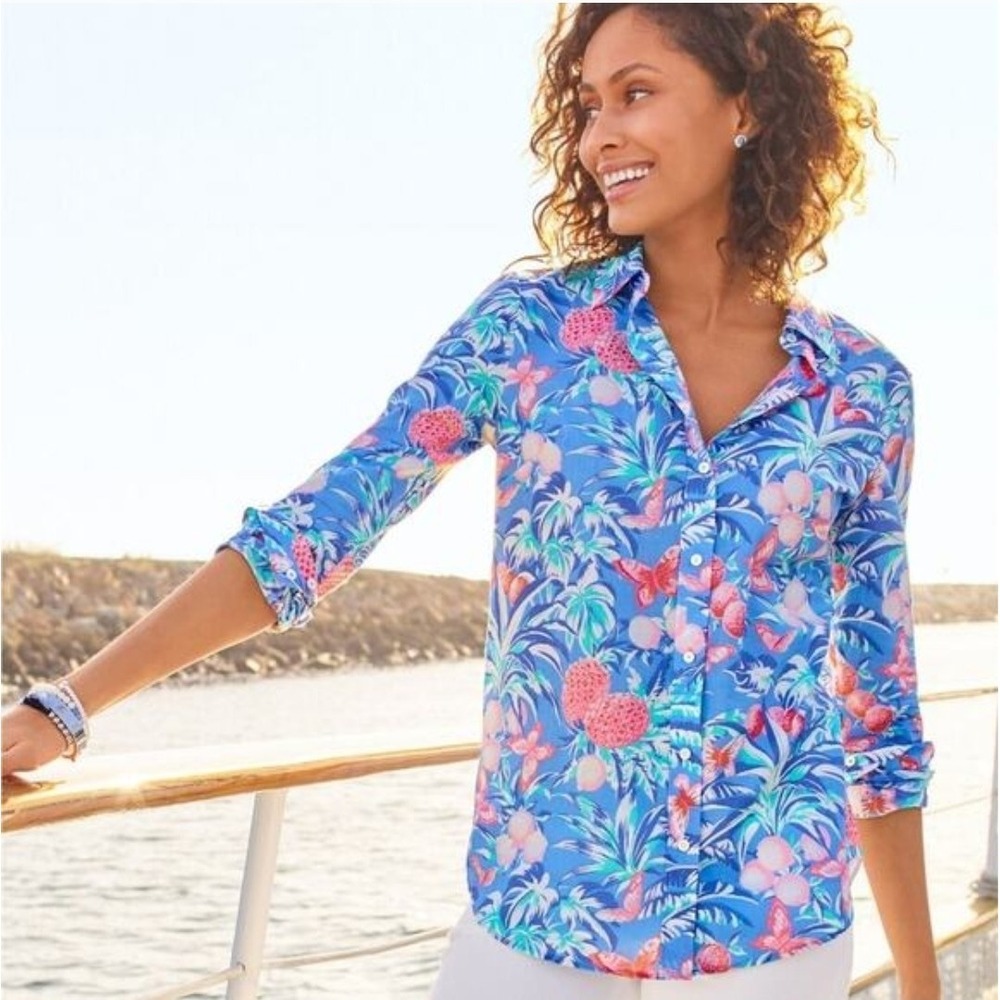 Talbots Ratti Cotton Tropical Fruit Lychee‎ pineapple button down shirt Medium